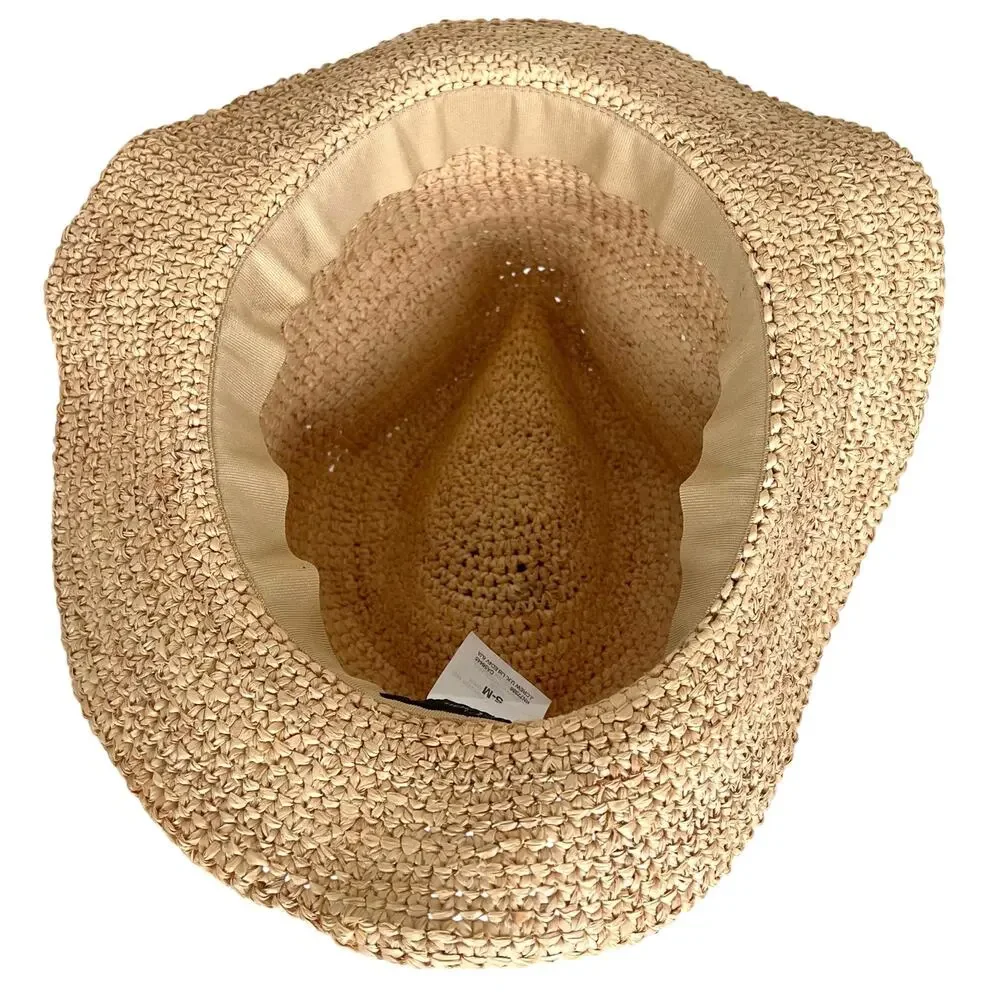 J Crew Womens Packable Straw Fedora Natural Raffia Black Band Hat S/M